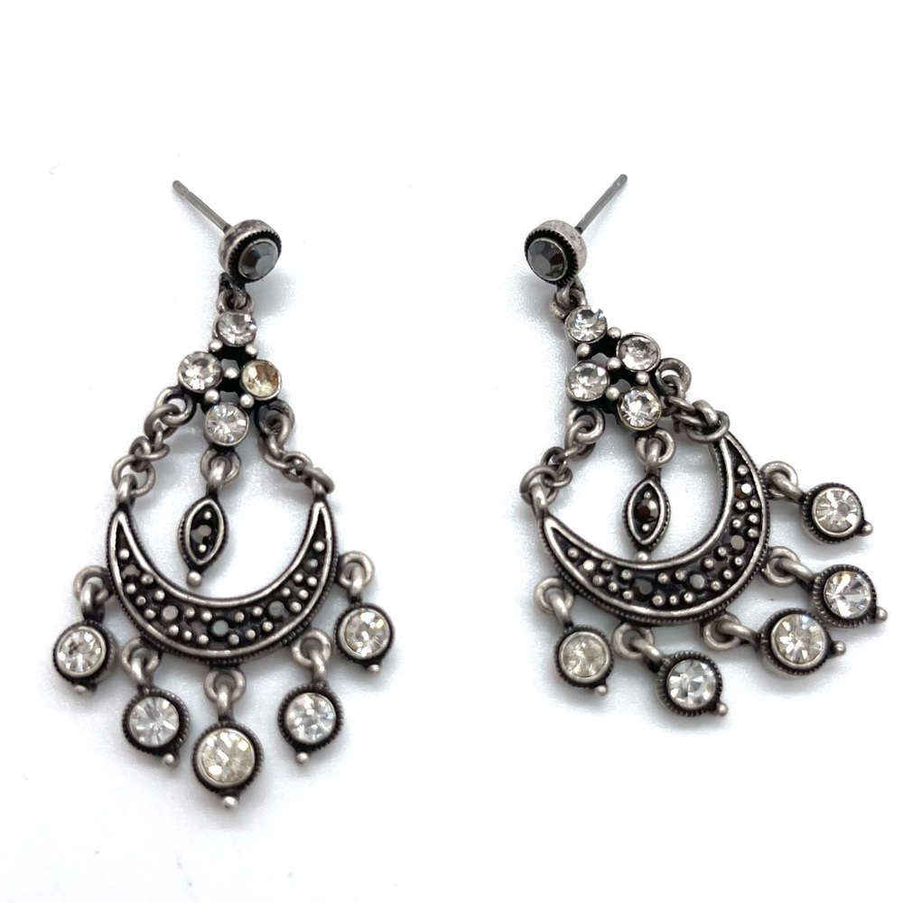 Chandelier Earrings w/ Crystal and Metal stones on Silver-tone - Picture 2 of 4